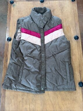 Old Navy Olive and Pink Quilted Vest with Chevron Accent